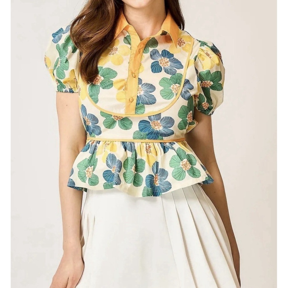 UMGEE Floral Print Puff Sleeve Top Large 100% Cotton